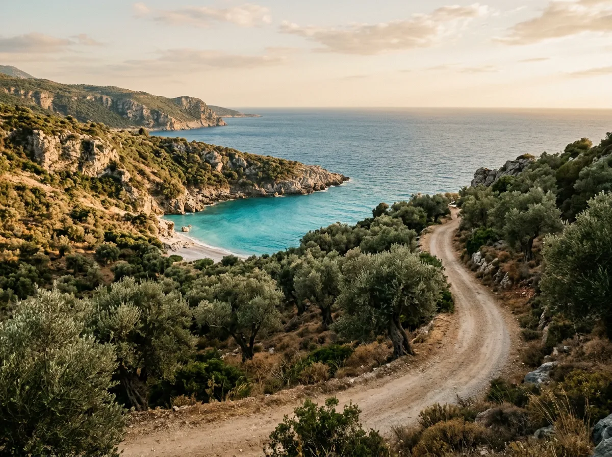 Turquoise cove visible from a dirt track through olive trees, southern Albanian coast