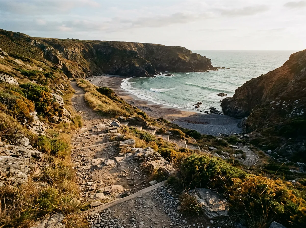 Rocky beach access track descending toward a secluded cove
