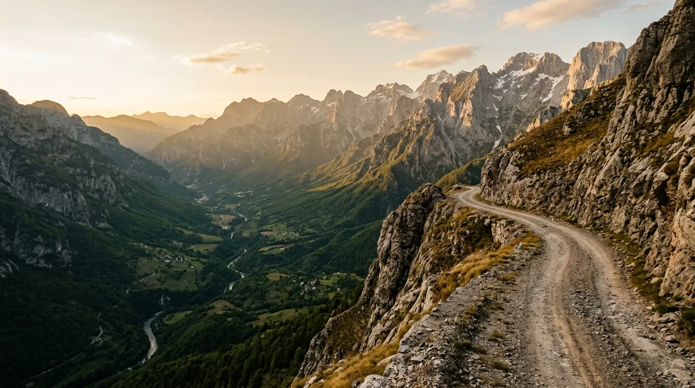 Mountain track cutting through the Albanian Alps with a deep valley below
