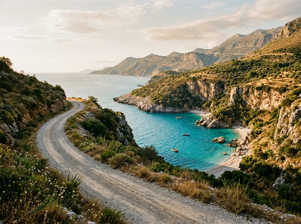 Coastal gravel road above a turquoise cove on the Albanian Riviera