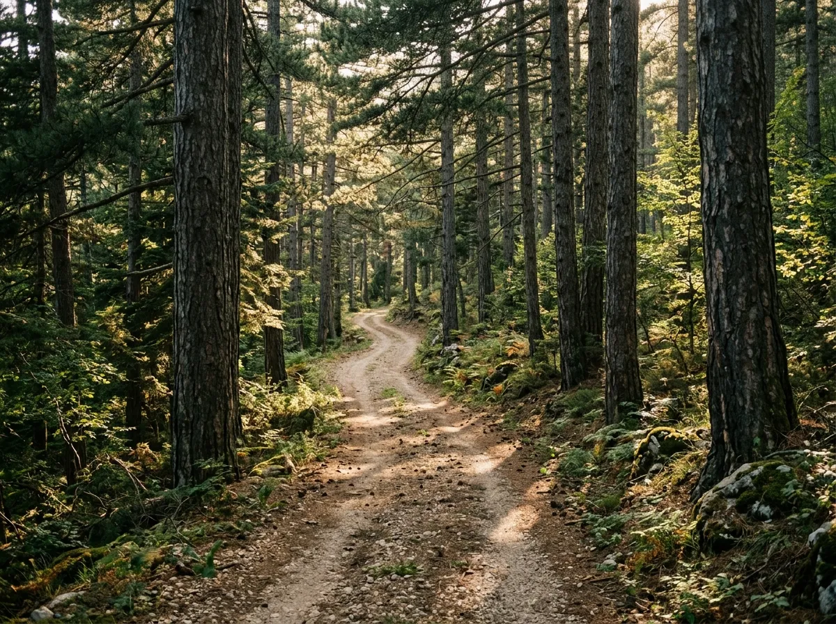 Forest track through tall Bosnian pines with dappled light, Llogara National Park