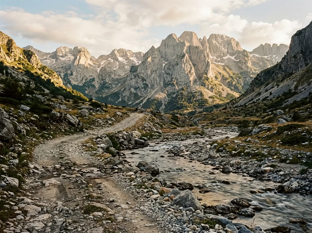 Rocky track crossing a mountain stream in the Accursed Mountains