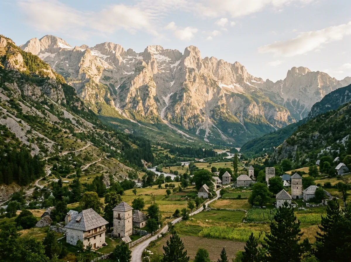 Limestone peaks above Theth valley with scattered stone houses
