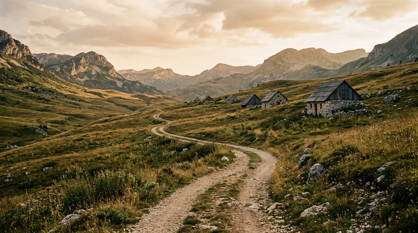 Highland track through Bosnian mountain meadow with scattered stone shelters