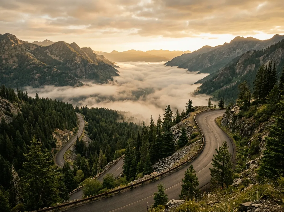Mountain road descending into a forested valley with mist below
