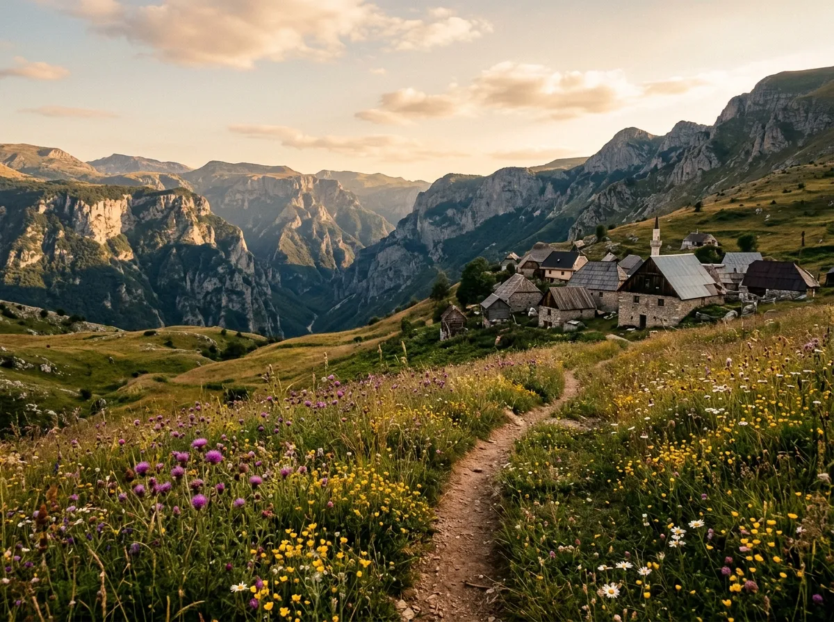 Highland meadow with wildflowers approaching Lukomir, canyon visible in background