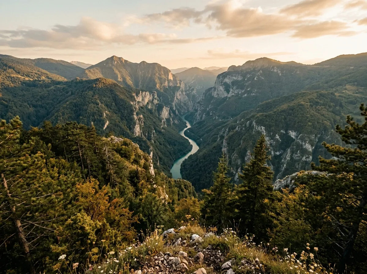 Tara River canyon viewed from a forested ridge in Sutjeska National Park