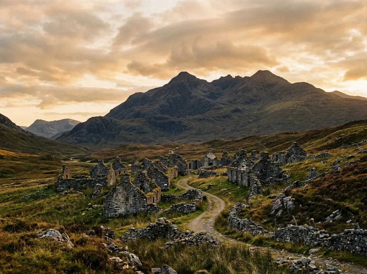 Stone ruins of an abandoned highland village with mountains behind