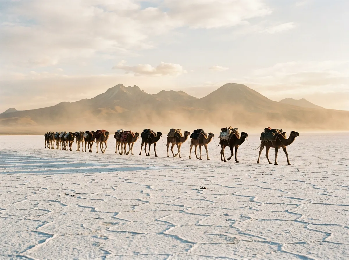 Camel caravan crossing white salt flats with volcanic formations visible in the background haze