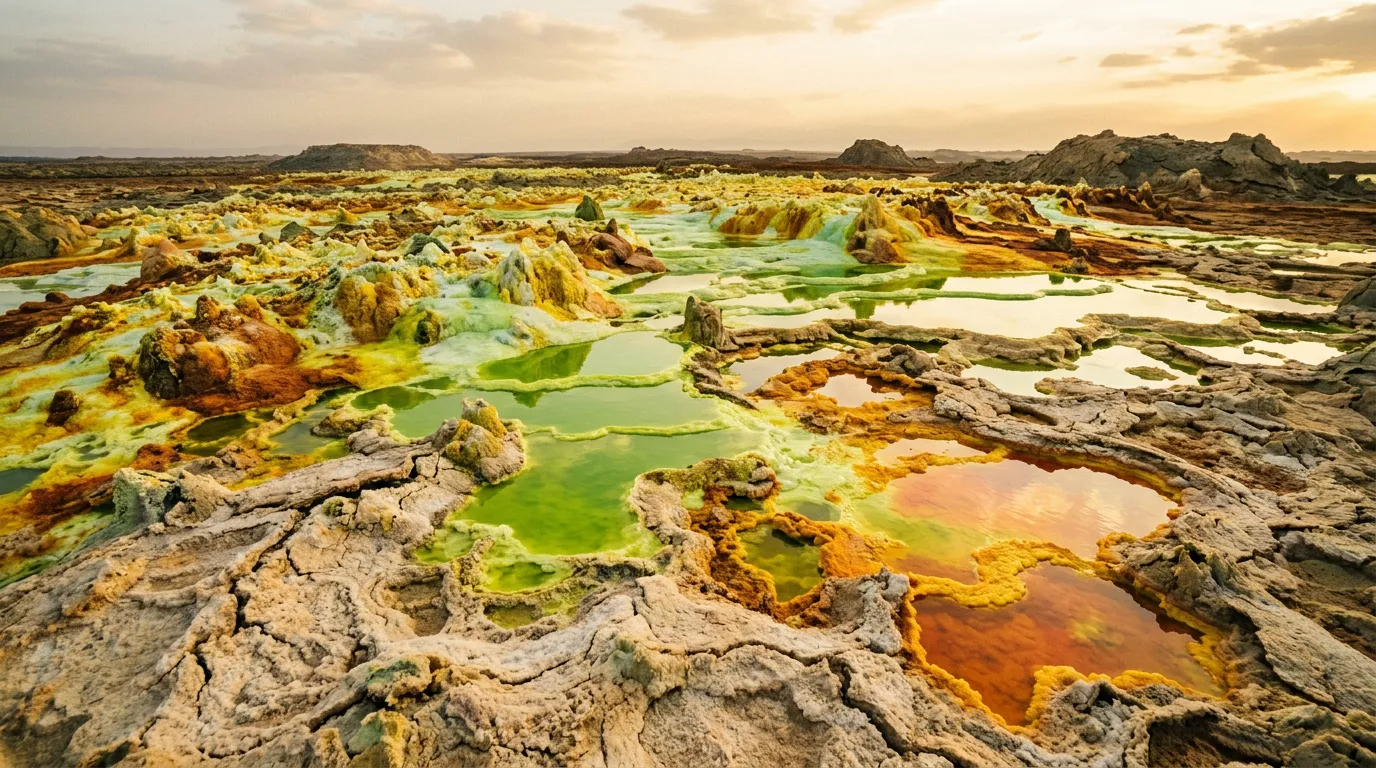 Vivid sulphur and mineral formations at Dallol with pools of acidic green and yellow water on the salt crust