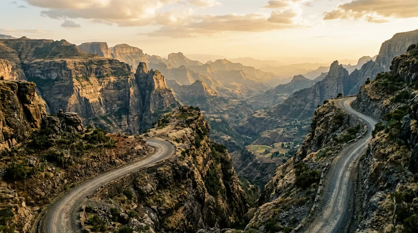 Highland escarpment road winding along cliff edges with deep valleys and jagged peaks in the Ethiopian highlands