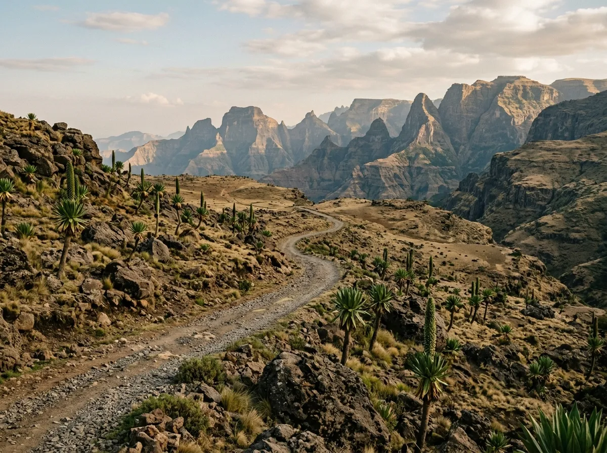 Rocky plateau with giant lobelia plants and a mountain track winding toward distant peaks in the Simien range