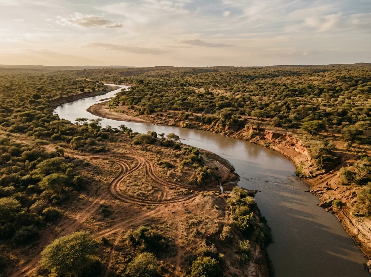 Omo River winding through bush with red-earth banks and scattered trees, vehicle tracks leading to a crossing point