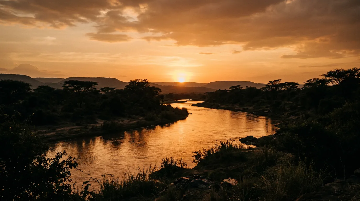 Sunset over the lower Omo Valley with the river reflecting orange light and dark bush silhouettes on both banks