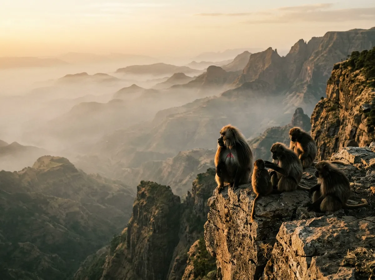 Gelada baboons sitting on a cliff edge with misty valleys stretching into the distance behind them