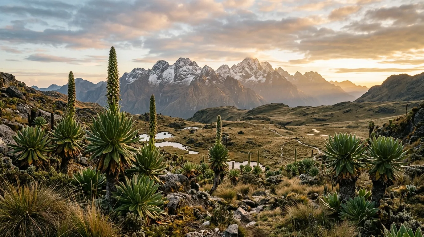 Highland plateau with giant lobelia plants in the foreground and distant mountain peaks dusted with frost at dawn