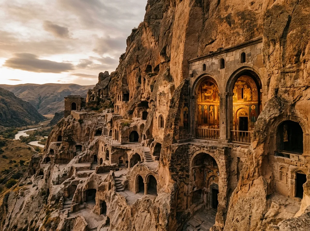 Cave monastery carved into sandstone cliff face with arched openings and painted interior visible