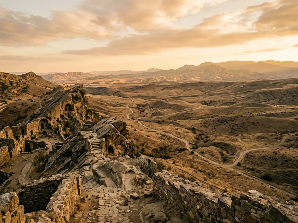 View from the monastery ridge looking south across the semi-desert steppe toward Azerbaijan