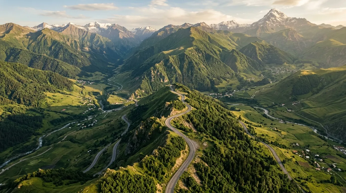 Aerial view of a mountain road cutting through the Greater Caucasus highlands, green valleys below