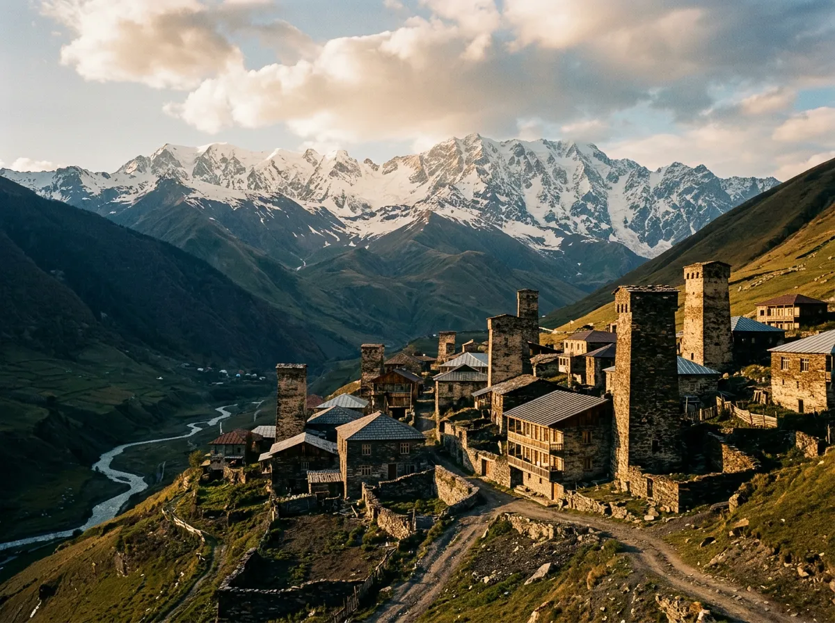 Mountain village with stone defensive towers against a backdrop of Greater Caucasus peaks