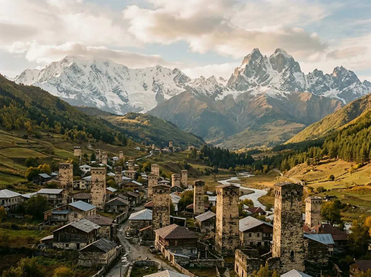 Stone Svan towers rising from a village in the Enguri valley, snow-capped mountains behind