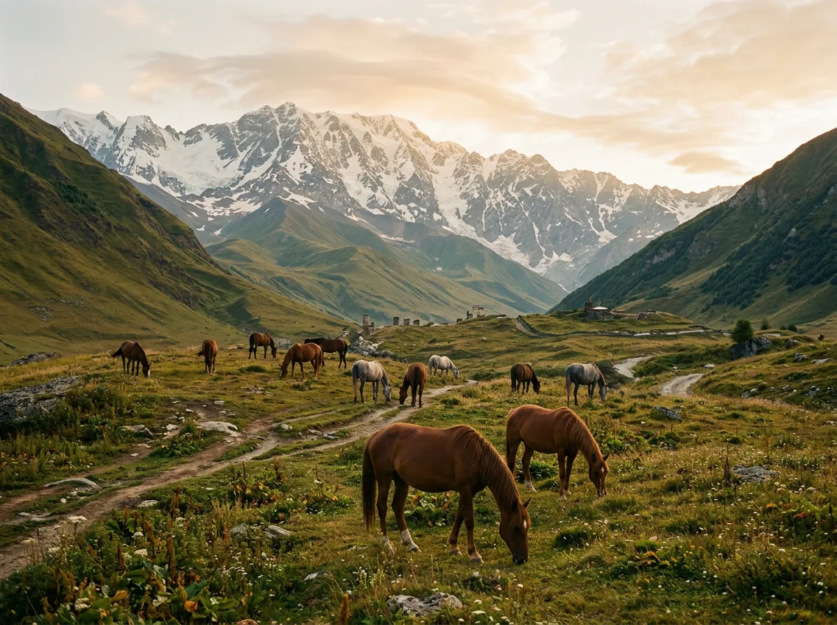 Alpine meadow with grazing horses and distant Caucasus peaks near Ushguli