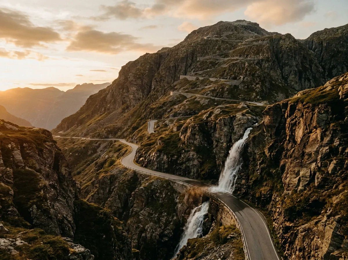 Waterfall crossing the road near the summit, with cliff-edge switchback visible above