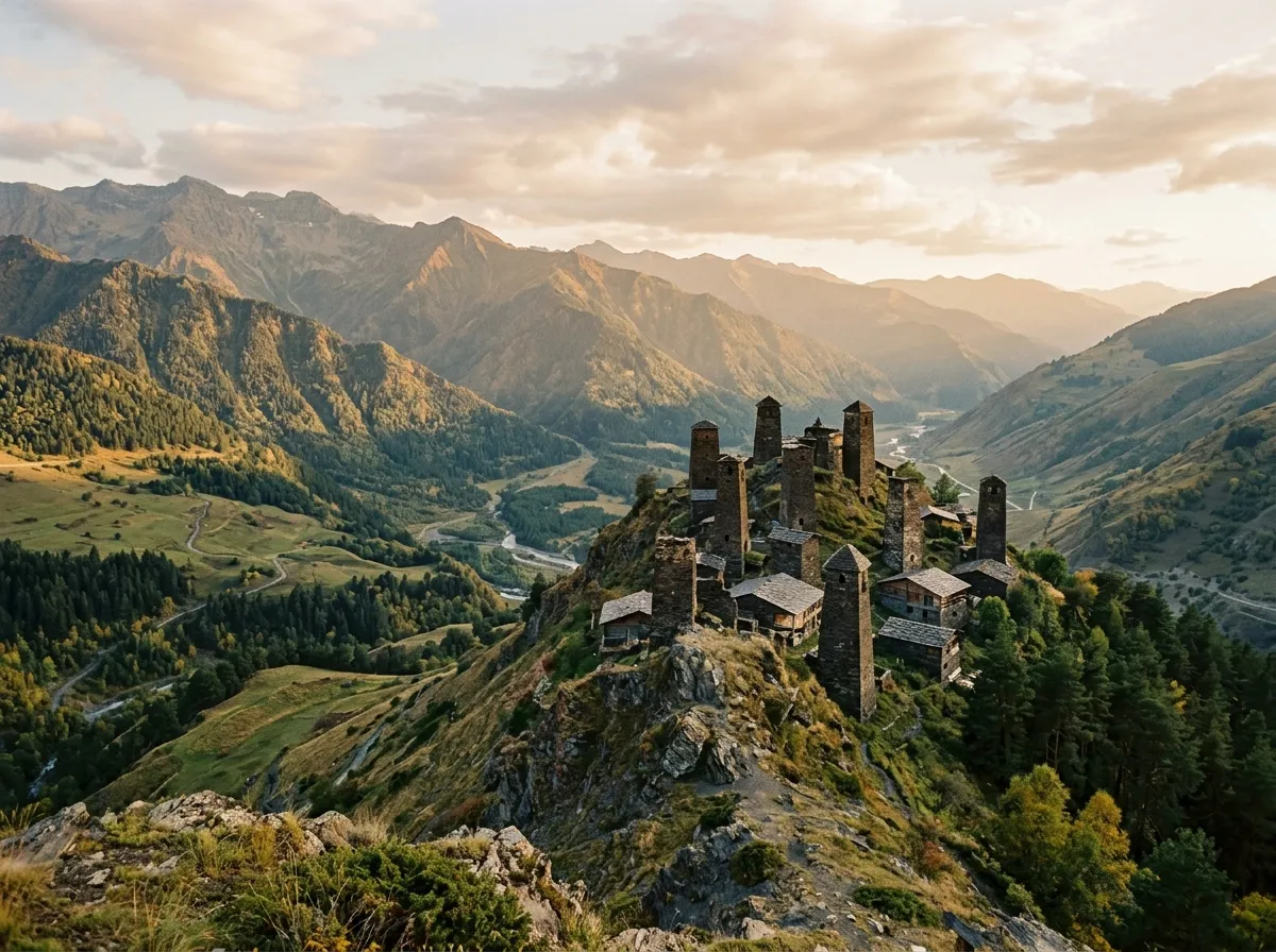 View of Omalo village with medieval defensive towers on a ridge above the Tusheti valley
