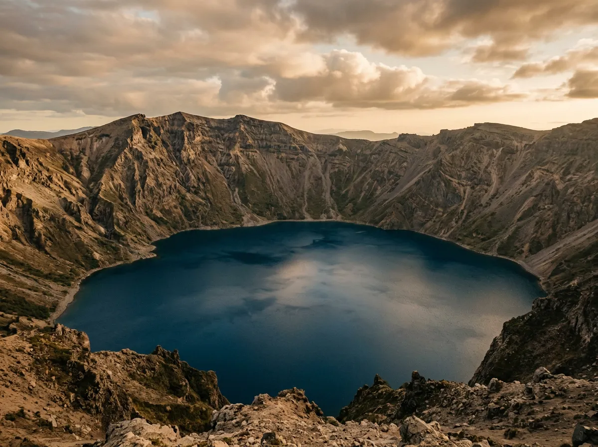 Deep blue caldera lake filling the volcanic crater, steep crater walls visible on all sides