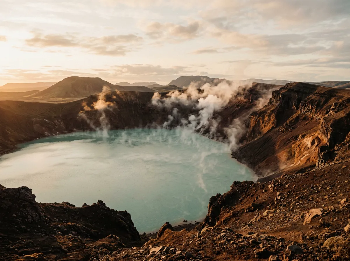 Steam rising from the Viti geothermal crater with milky blue-green water visible below