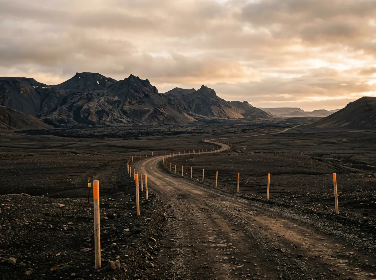 Desolate volcanic landscape with road stakes marking the track, no vegetation visible in any direction