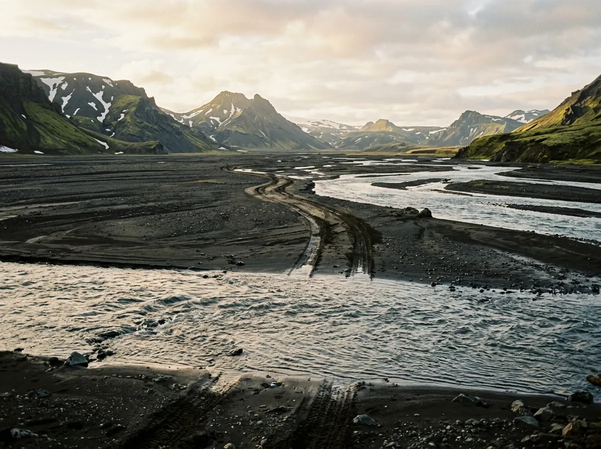 Morning light on volcanic sand with a glacial river crossing in the foreground, vehicle tracks visible