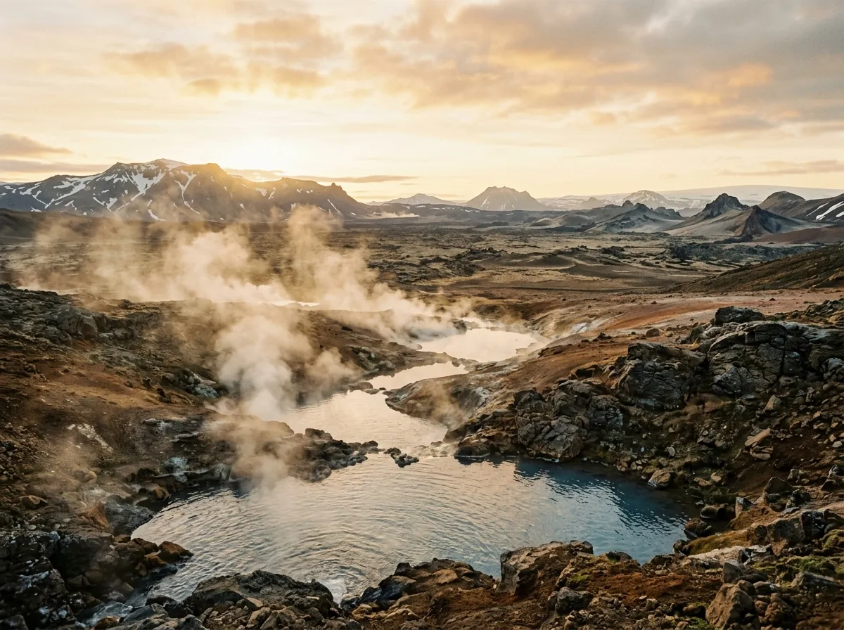 Geothermal hot springs with steam rising, volcanic desert landscape stretching to the horizon behind