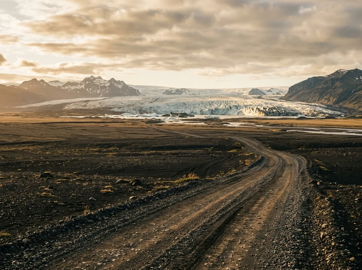 Distant glacier edge visible across volcanic sand plain, with gravel road tracks leading toward it