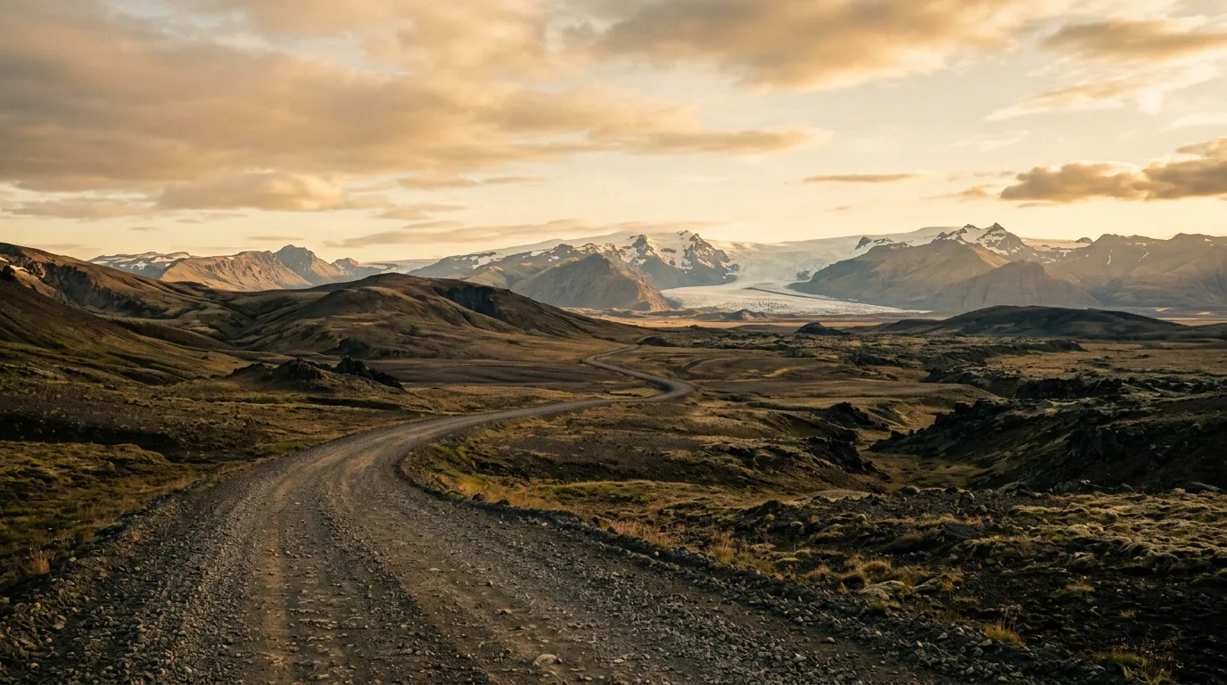 Gravel highland road stretching across volcanic desert with glacier visible in the distance
