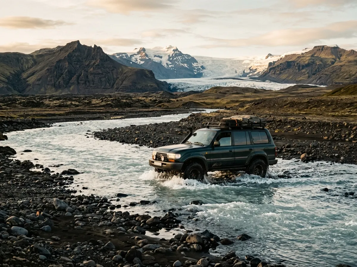 Glacial river ford with 4x4 vehicle crossing, volcanic landscape and distant ice cap behind