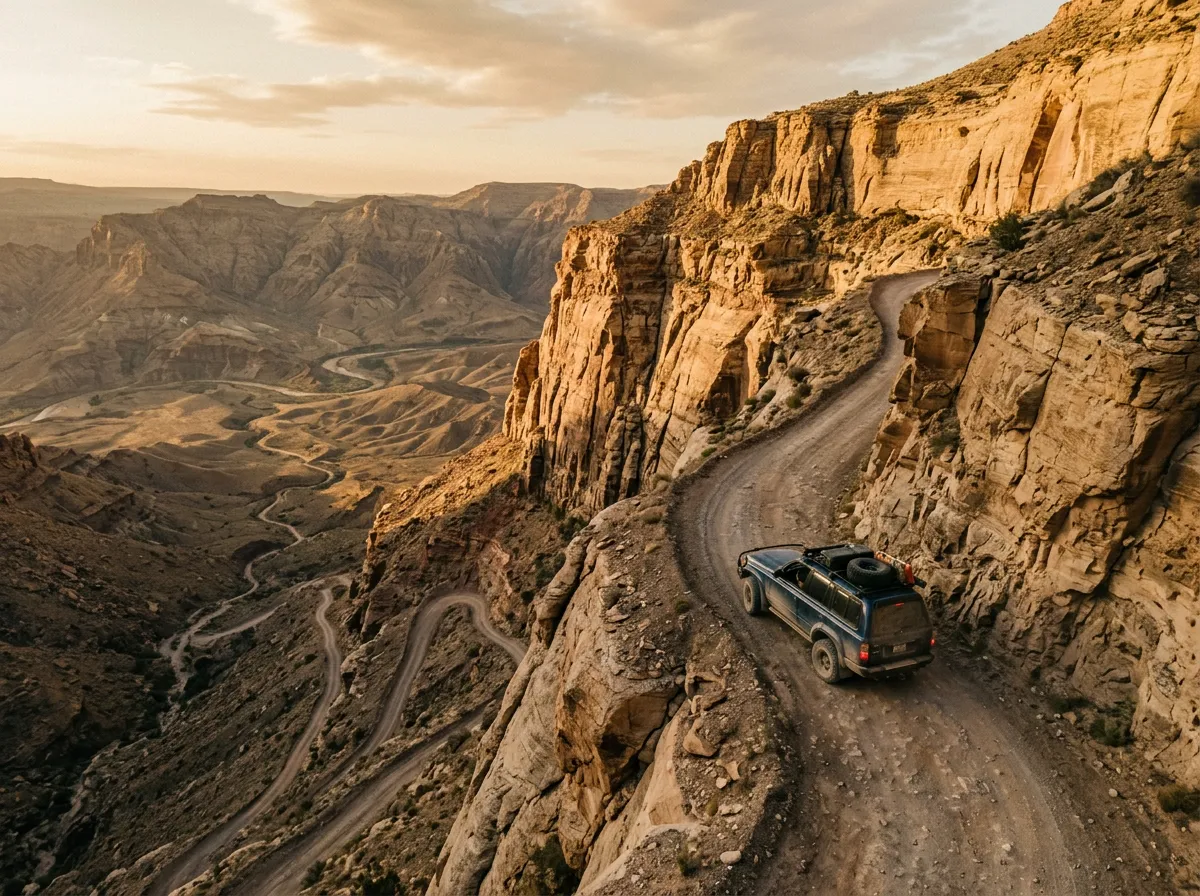 Steep switchback trail with vehicle descending along exposed canyon wall