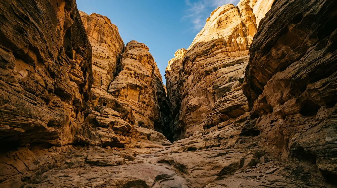 View from canyon floor looking up at layered rock walls with late afternoon light