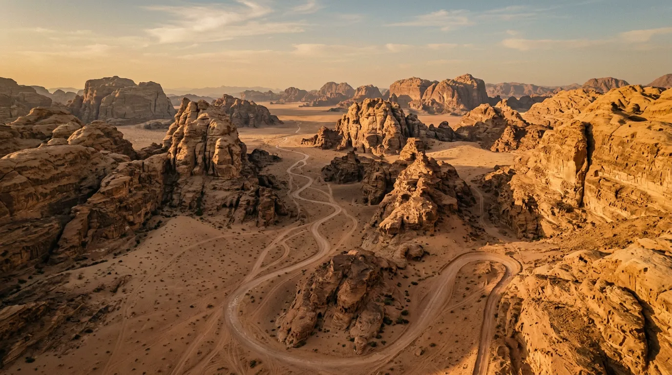 Aerial view of desert tracks winding through sandstone formations in southern Jordan