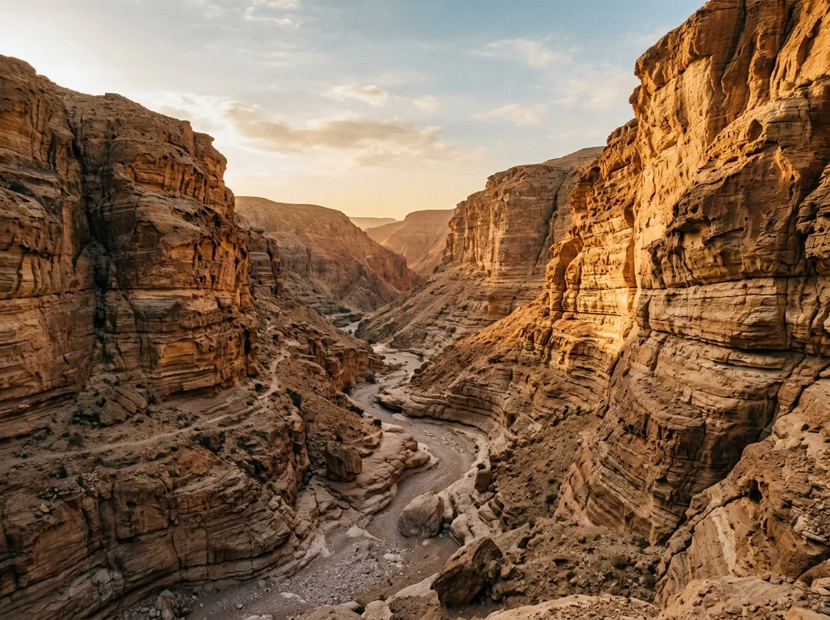 Wadi canyon walls showing geological strata layers in warm afternoon light