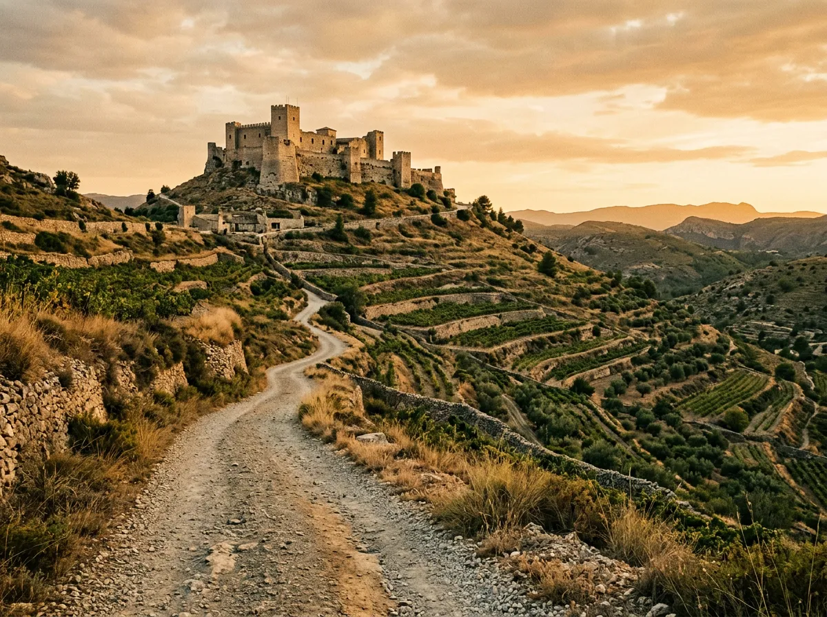 Gravel track approaching a hilltop fortress with agricultural terraces below