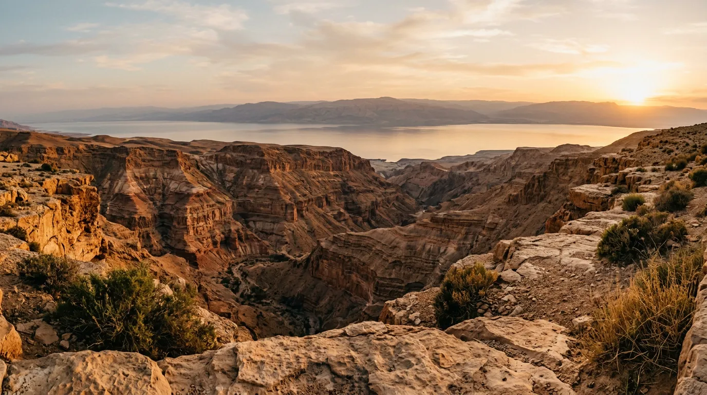 Panoramic view from a canyon rim showing layered geological formations and distant Dead Sea