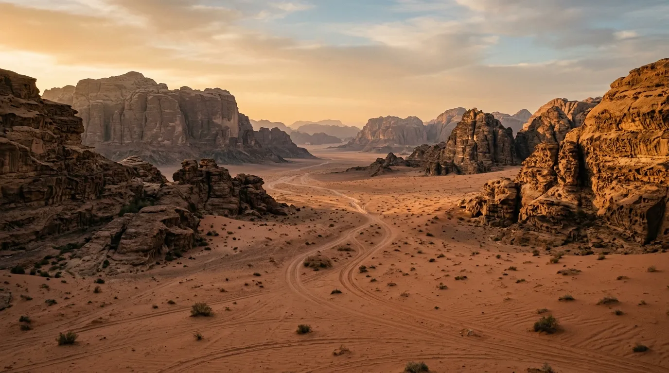Wide desert valley between sandstone formations with faint vehicle tracks in the sand