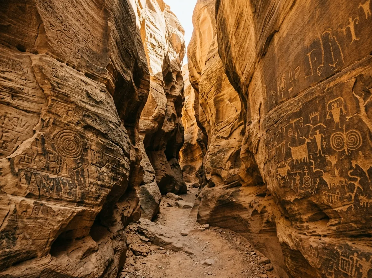Narrow slot canyon with ancient inscriptions visible on sandstone walls