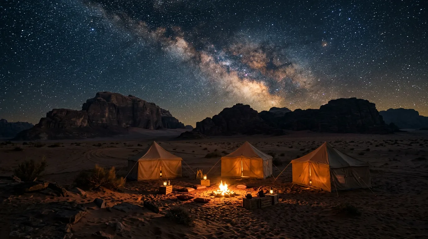 Desert camp under star-filled sky with sandstone silhouettes on the horizon