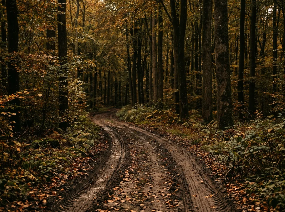 Forest track through dense beech woodland, tire tracks visible on damp earth