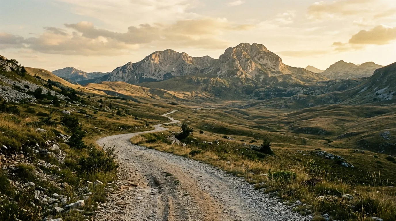 Gravel road winding through the highlands with Durmitor peaks in the background