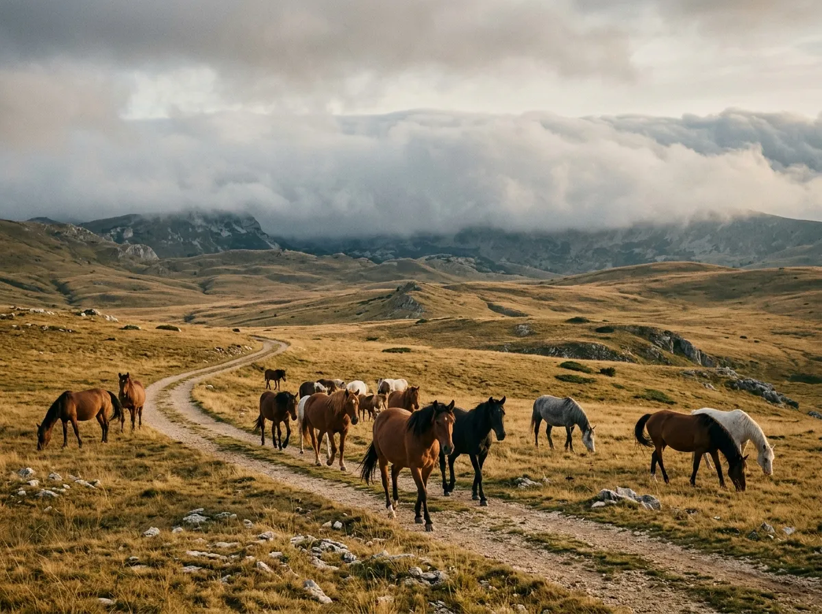 Wild horses on the Sinjajevina plateau with low clouds behind