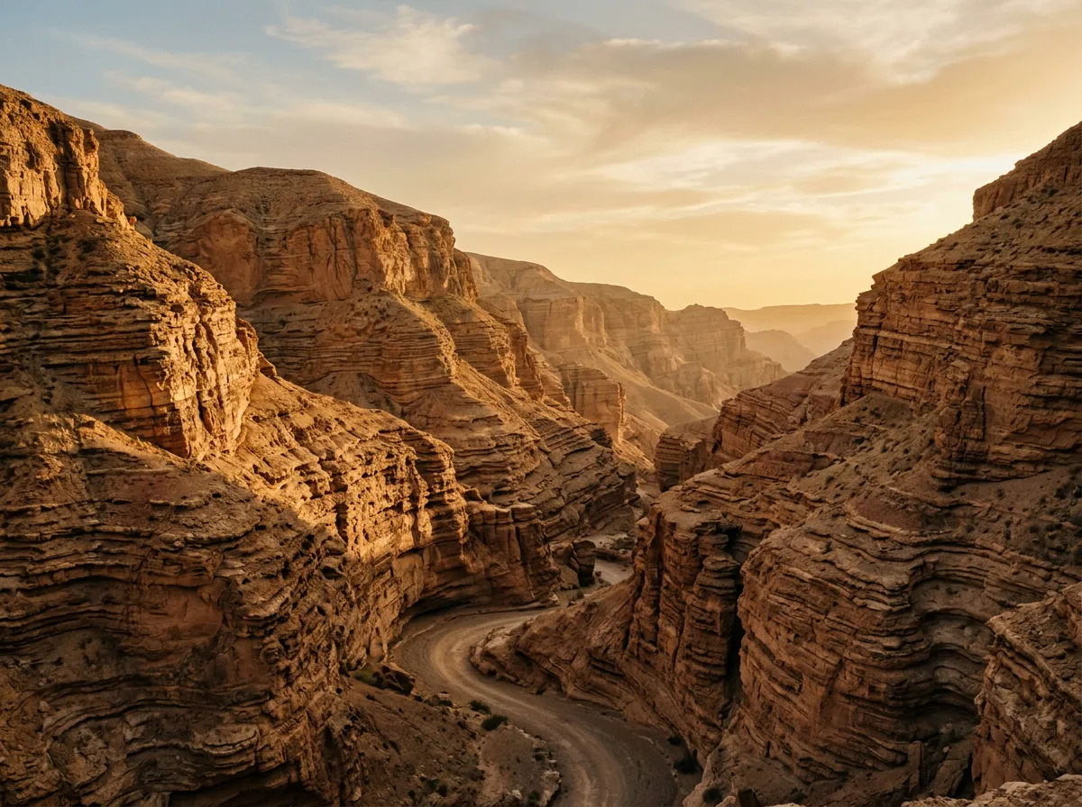 Rock formations in canyon with layered sedimentary patterns and late afternoon light