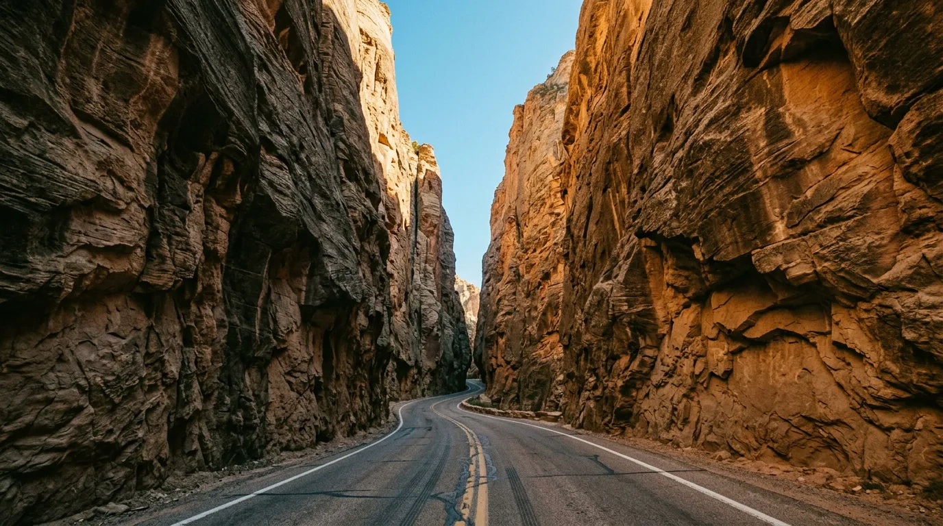 Towering vertical canyon walls with narrow gap showing blue sky above, viewed from road level